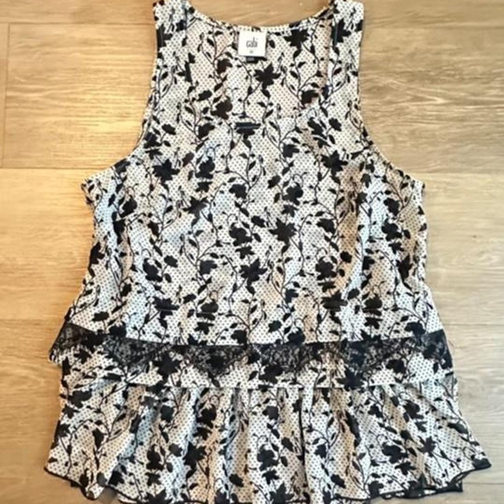 Cabi black + white floral top with ruffles